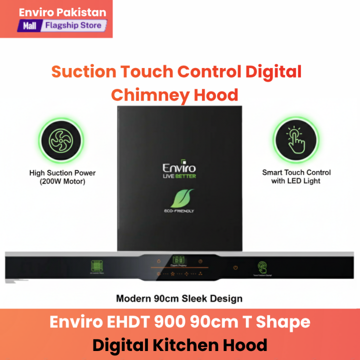 Enviro 90cm Digital Kitchen Hood (EHDT-900) – T Shape Chimney Hood, Touch Control, Digital Display, 200W Powerful Suction, Low Noise ≤70dB, LED Light, Dual Cassette Filters, Wall Mount, Energy Efficient