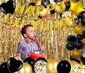 Golden Happy birthday Foil Balloons Banner Decoration heme- Including Happy Birthday foil Balloons Banner, 30 Latex Balloons, 5 Confetti Ballooons, Foil Star's and Foil Heart's Balloons and Back Gold Curtain. 