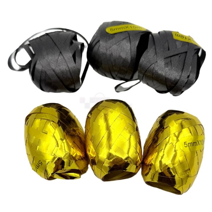 Ribbon Eggs - 10 Meters - Balloon Decoration Ribbons - Black And Golden Color - Pack Of 6