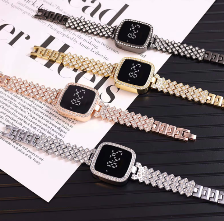 HOT DEAL NO 1 Full Diamond Touch Screen LED Watch Steel Chain with Diamonds Ladies Korean watches for girls Ins Girls Alloy Ribbon Streamer Watch Female Accessories ladies watch