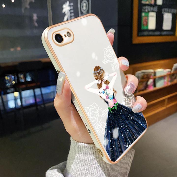 chenyyka For iPhone 8 Plus Case Plating Side Edge Square New Design Clear Princess Girl Phone Cases Pattern Silicone Casing Full Back Cover Camera Protect Shockproof Softcase