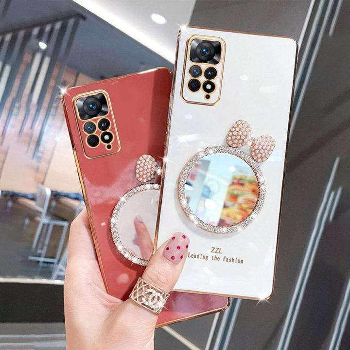 For Xiaomi Redmi Note 11 Pro Back Cover Bowknot Makeup Mirror Luxury 6D Plating Frame Shiny Cases Soft Silicone Square Protective Mobile Phone Case for Girls