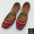 Women's Red Velvet Khussa with Pearl Work, Fancy Pakistani Shoes, Ethnic Footwear, Red Pakistani Punjabi Jutti. 