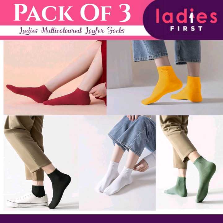 Verdrobe - Pack Of 3 & 6 - Stretchable Fancy & Beautiful Coloured Plain Half ( Ankle Length ) Loafers Socks For Girls & Womens ( Multicoloured )