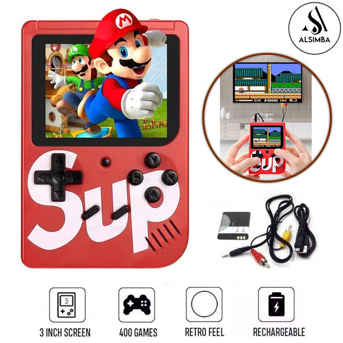 SUP Game Box 400 In 1 Retro Video Game Rechargeable Single Player Portable Handheld Game Console Handheld Game PAD Gamebox for kids Connects with LCD / TV - Size Approx. 5 Inches - Red