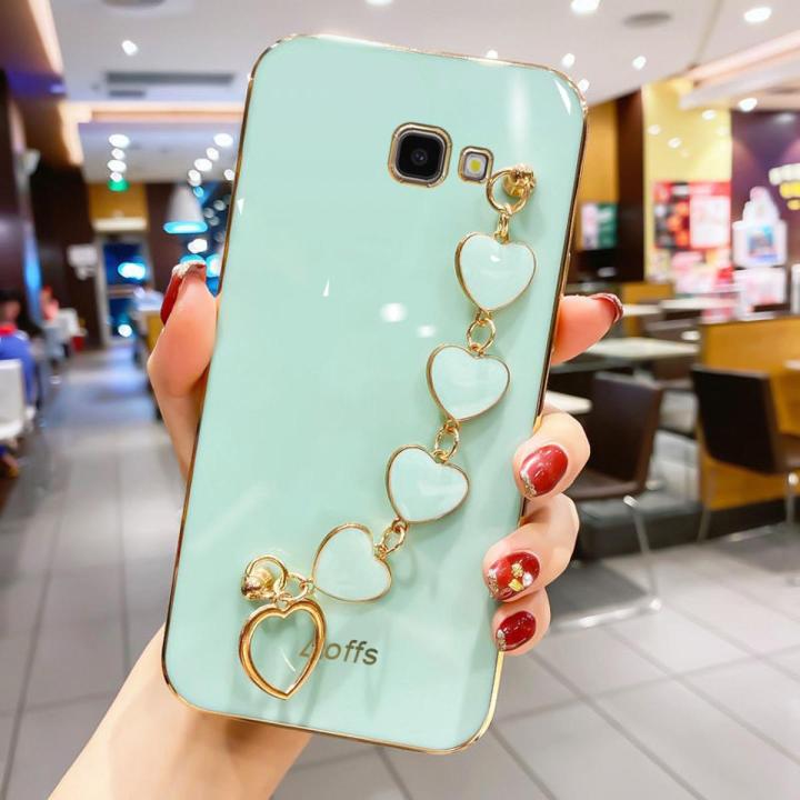 Maitus for Samsung Galaxy J5 Prime Back Cover with Love Heart Bracelet Luxury Slim 6D Plating Square Frame Camera Lens Protection Shiny Chain Cases Soft Silicone Mobile Phone Case