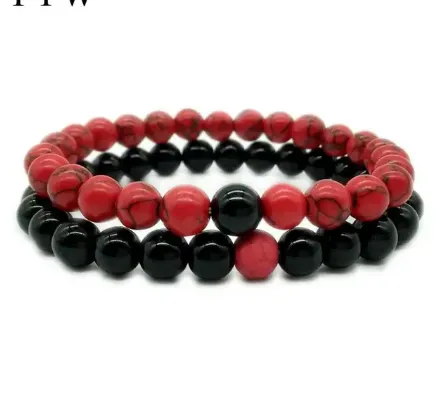 1%20Pair%202Pcs/Set%20Couples%20Classic%20Red%20And%20Black%20Bracelet%208MM%20Natural%20Stone%20Bracelets%20Gift%20-%20Image%203