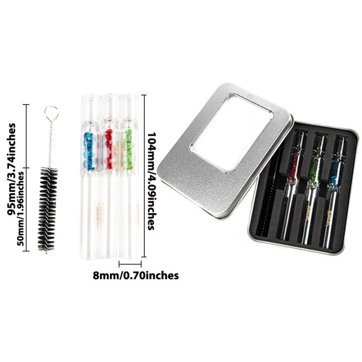 3pcs Borosilicate Glass One Hitter Pipe Bat+Metal Tip Storage Case+Brush Kit