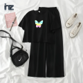 Black T-Shirt & Trouser Set with Rainbow Butterfly Print | Soft Cotton Jersey Casual & Nightwear for Women & Girls (S-XL & 7-14 Years). 