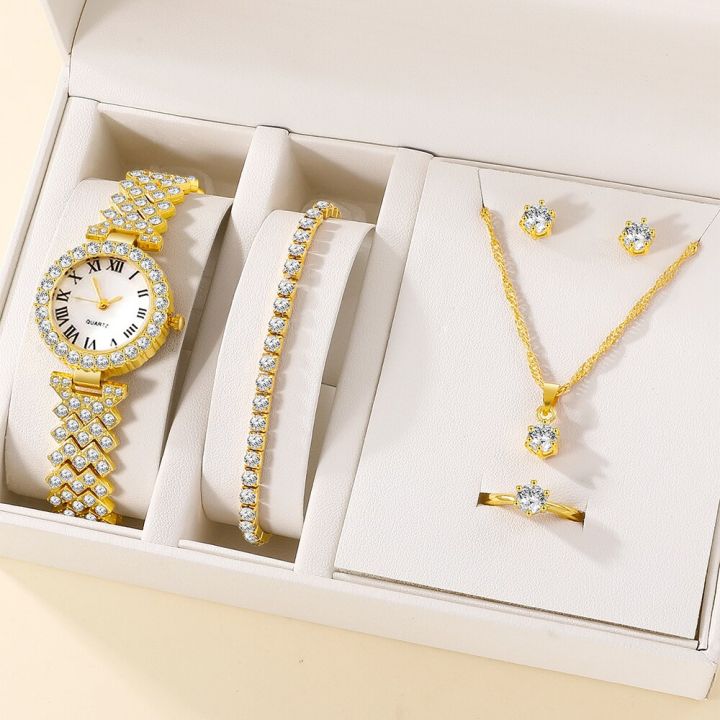 LooKeo Mall 6PCS Diamond Set watch Classy Golden Ladies Wrist Watch Women's earrings, necklaces, bracelets, ring accessories