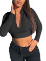 Women Solid Color Crop Top, Long Sleeve Half-open Collar Zipper Clothes Top (Black, Gray). 