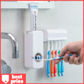 Set of Toothpaste Dispenser & Toothbrush Holder - White Automatic Toothpaste Dispenser and Toothbrush Holder Set. Wall Mounted Toothpaste Dispenser with 5 Toothbrush Holder Set, Toothpaste Squeezing Machine, Toothpaste Dispenser Toothbrush Holder Set.. 