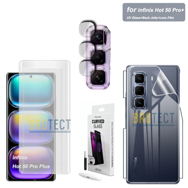 3 in 1 infinix Hot 50 Pro Plus UV Tempered Glass Liquid Glue Curved 3D Glass Screen Protector + Back Jelly Protector Soft Hydrogel Film + Camera Lens Glass Flexible 9H Gorilla For Hot 50 Pro+ Plus -Transparent