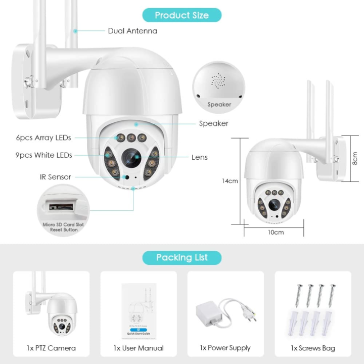 Dexter Q8 Outdoor IP Wifi Camera1080P Outdoor IP Wifi Camera Wireless V380 Pro CCTV - 2mp HD IP Camera with Motion Detection, Colored Night Vision