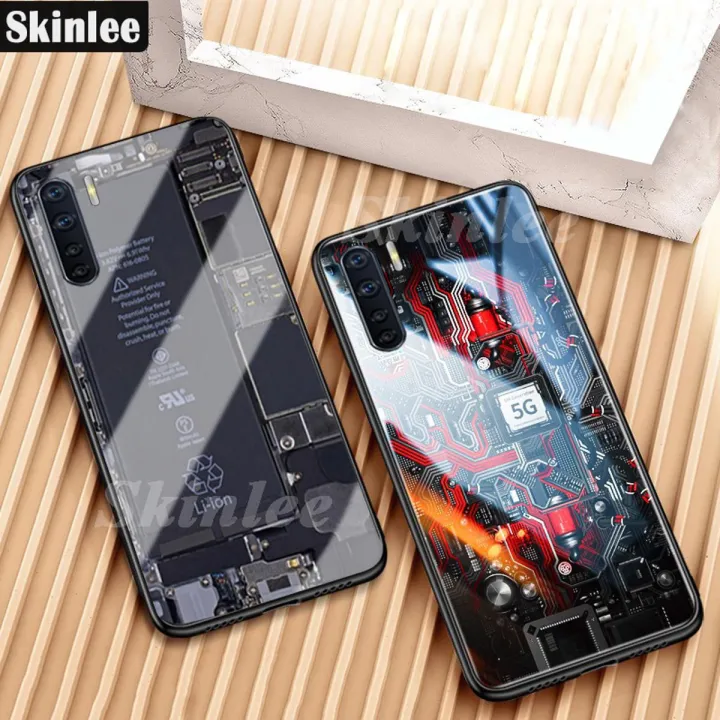 For OPPO Reno 3 Back Cover Version Theme Case Tempered Glass Protection shockproof Cover for OPPO Reno3 case Transparent Circuit Board Design Full Coverage Phone cases