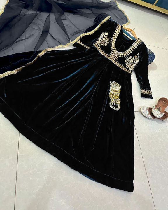 Stylish Long Embroidered Velvet Frock for Women 3-Piece Suit - Party Wear Velvet Frocks for Women