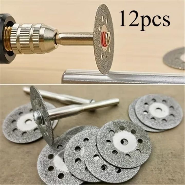 12Pcs Durable 22mm Diameter Diamond Cutting Disc with Mandrel Mini Circular Saw Blade 3mm Aperture Grinding Wheel Metal Cutting