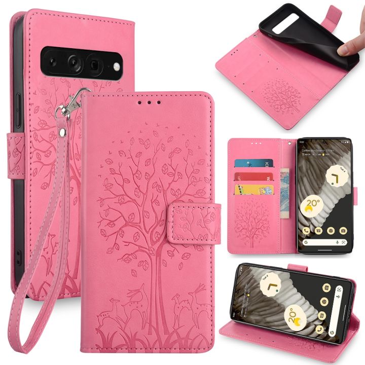 Tree & Deer Embossed Leather Phone Case For Google Pixel 7 Pro