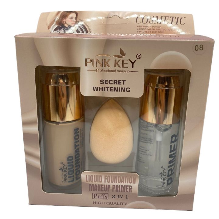 Pink key Professional Foundation, Primer & Blender. Mini Makeup Kit For All Skin Tone waterproof matt foundation and primer set with Sponge for girls and women