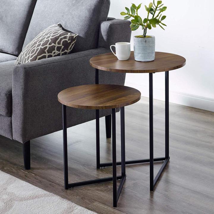 Modern Round Metal Base Nesting End Table, Set of 2, Walnut Brown