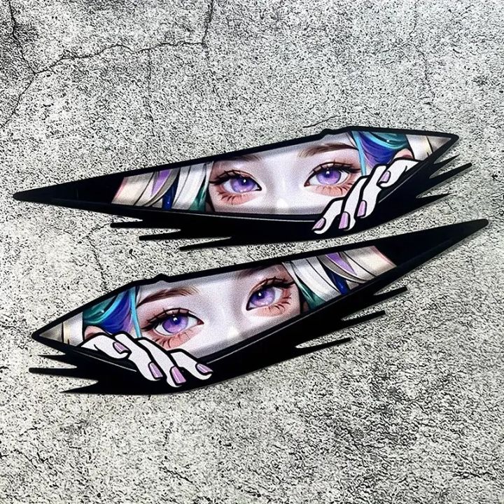 2pcs Set of Laser Effect JDM Anime Girl Eyes Stickers: Cool Laser Texture, Combines JDM Style with Anime Design, Scratch-Resistant and Waterproof for Cars, Motorcycles, PC Cases – Add a Trendy Touch to Your Items