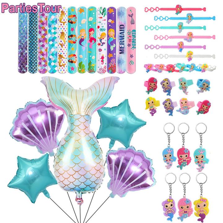 5pcs Mermaid Ballon Mermaid Tail Shell Foil Balloon Mermaid Rubber Ring Slap Bracelet keychain Under The Sea Mermaid Party Favor