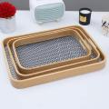 Antique Wooden Rattan Pattern Serving Tray Set. 