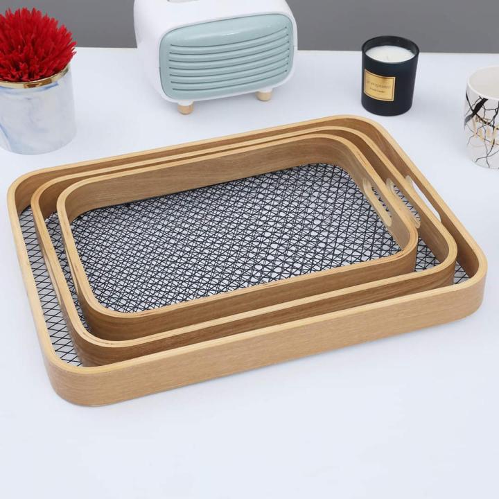 Antique Wooden Rattan Pattern Serving Tray Set