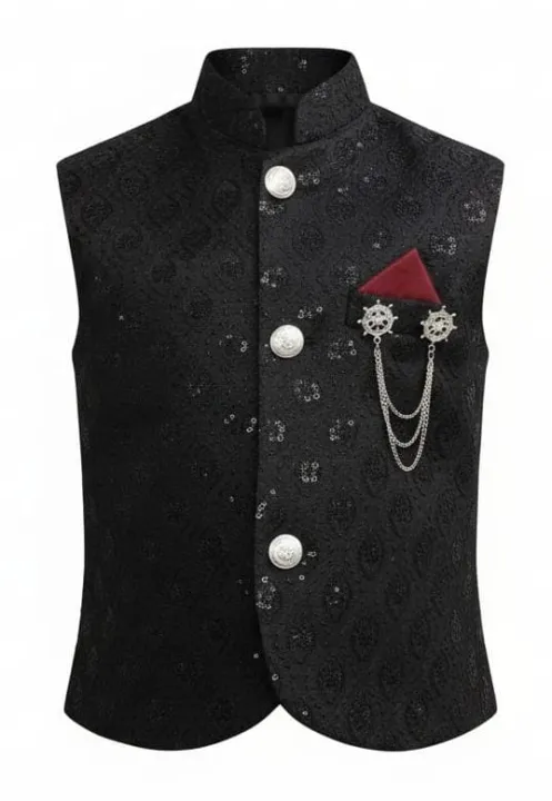 KIDS%20FOR%20Boys%20Fashion%20Clothing%204%20Pieces%20Suits%20(Kurta%20Shalwar%20Waist%20coat%20and%20Brooch)%20Kids%20Fashion%20Age-%201%20To%2012%20Years-BLACK%20SUIT%20AND%20BLACK%20SEQUIN%20WAIST%20COAT%20-%20Image%202