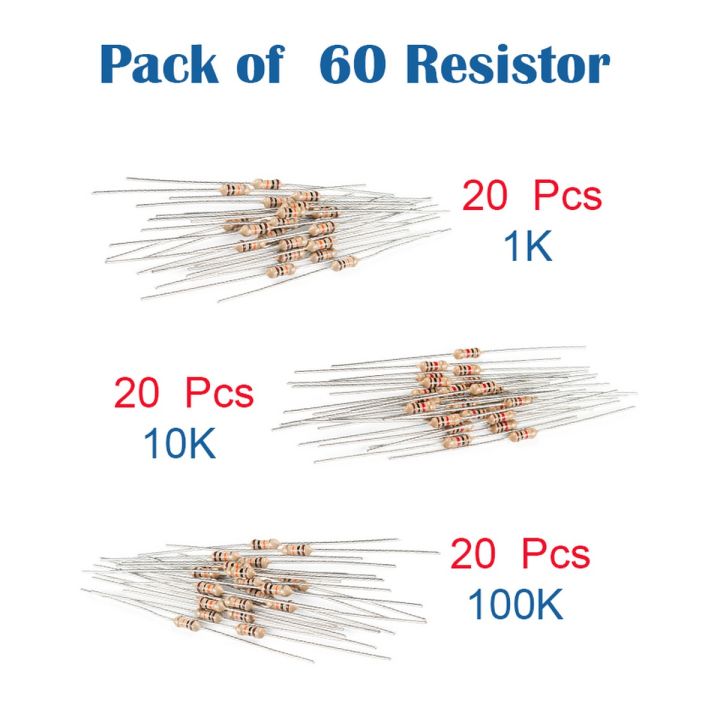 Pack of 60 Resistor - 1K,10k,100k Ohm 1/4W Carbon Film Resistor for Circuit Design and Reparing