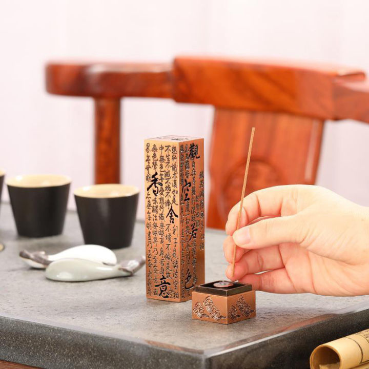 Retro Incense Burner Vertical Zen Buddha Heart Sutra Pillar Vintage Metal Incense Holder Home Office Decoration Qingyue