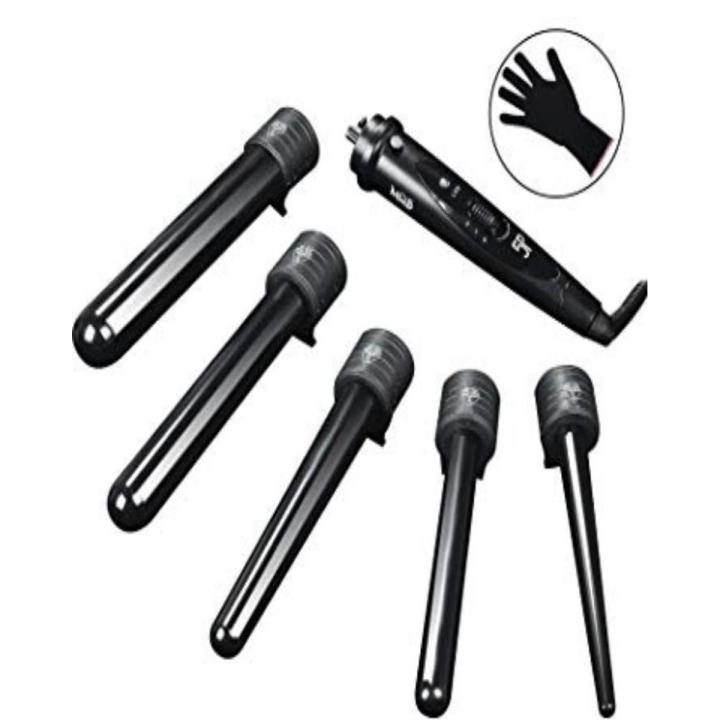 5 In 1 Curling Iron Wand Set With 5 Interchangeable Hair Curler Ceramic Barrels And Protective Gloves, Black