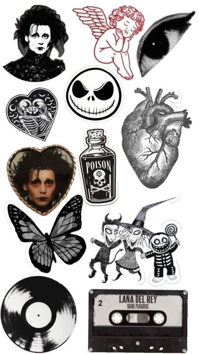 Gothic Stickers Pack - Dark Aesthetic Stickers for Laptop, Phone, Diary | Edward Scissorhands, Skeleton, Angel, Poison Bottle | Black & White Grunge Stickers
