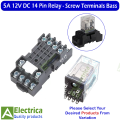 14 Pin 5A Coil 12V DC Power Relay and PYF-14 Screw Terminals Base 12V Contact DPDT General Purpose Relay 14 pins double pole double through relay by Electrica. 