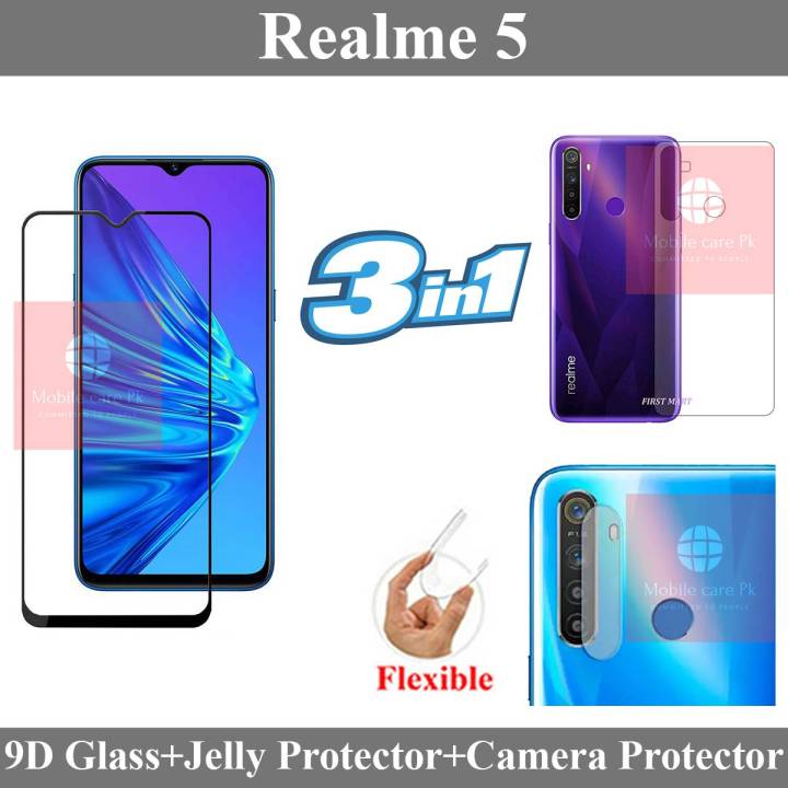 Realme 5 Full Black 9D|5D|6D|10D|11D|21D Tempered Glass Screen Protector Full Glue Edge To Edge + Back Camera 9H Gorilla Flexible Protector + Back Jelly Protector Clear Soft Film Protection For Realme 5