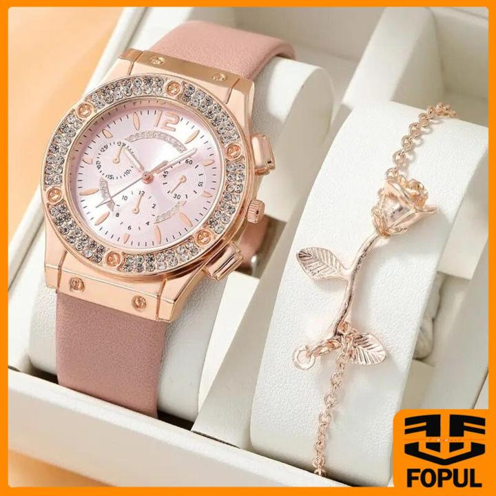 Fopul mall 2pcs Set Elegant Female Bracelet Watches Women Watches Diamond Casuals Fashion Watches For Girls Luxury Stylish Watch