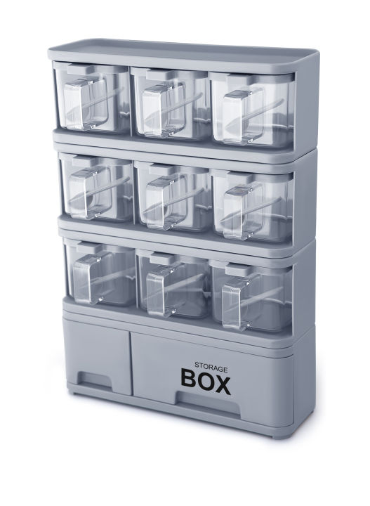 Storage Box Condiments & Spice Rack With 9 Spice Jars And Spoons - 125gm - masala rack, masala box set, Kitchen Seasoning Box, plastic spice racks , masala jars, spice rack, spice box, plastic spice jar, salt box,plastic seasoning rack