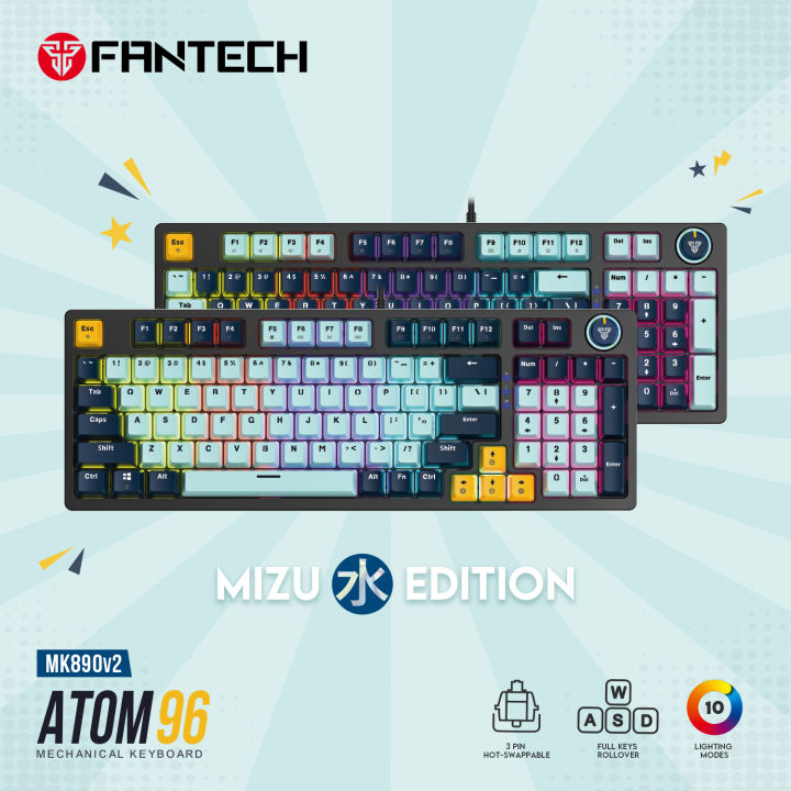FANTECH ATOM 96 MK890 V2 MIZU Edition RGB Full Key Roll Over Hot Swappable Mechanical Keyboard All Anti Ghost Keys Fully Customizable Red Switch