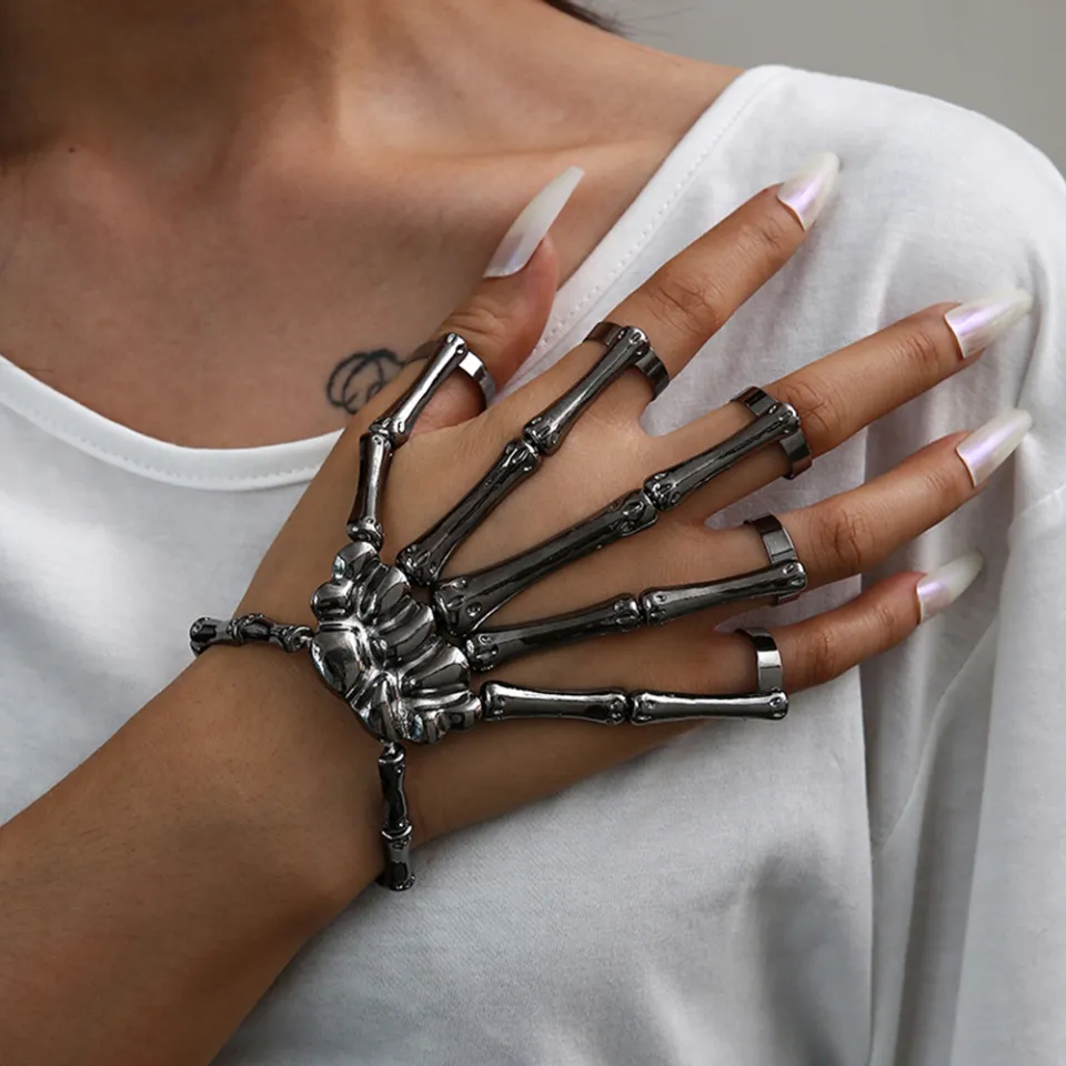 Punk Bracelet For Men Gothic Hand Chain Skull Skeleton Five Fingers Rings Adjustable Couples Women Bracelet Halloween Jewelry Daraz.pk