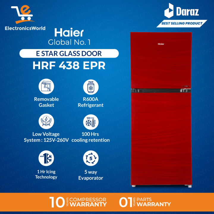 Haier Refrigerator HRF-438 EPR/EPB - E STAR series Glass Door- 408 Liters Large Size- Low Voltage Operate (125V)-10 Years Compressor Warranty