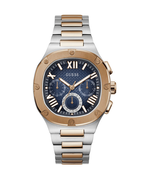 Guess Mens Headline Silver Stainless Steel Case Blue Dial With Texture Day+Date Two-Tone Stainless Steel Bracelet Watch-GW0572G4
