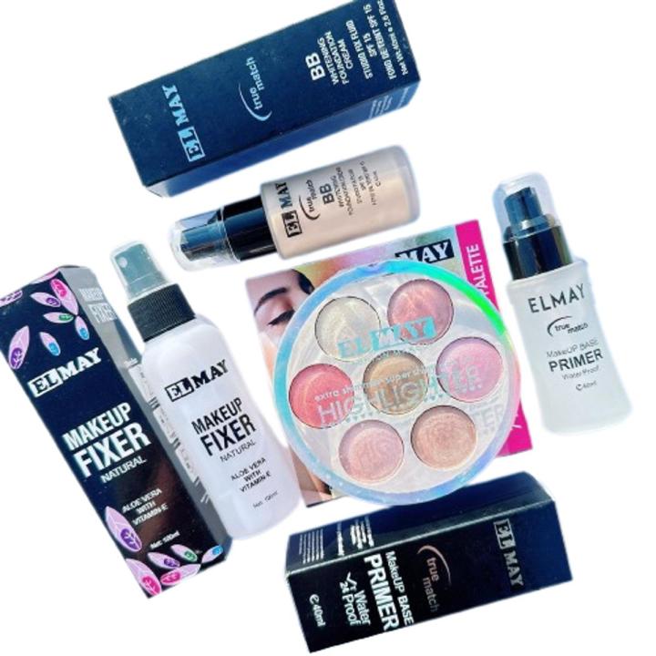 ELMAY 4pcs Foundation Pump(40ml)- Makeup Fixer(100ml) - Makeup Primer(40ml) - 7 Color Highlighter