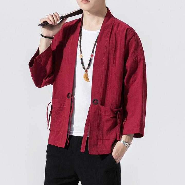 Chinese Style Kimono Cardigan Men Crane Printed Long Black Kimono Cardigan Men