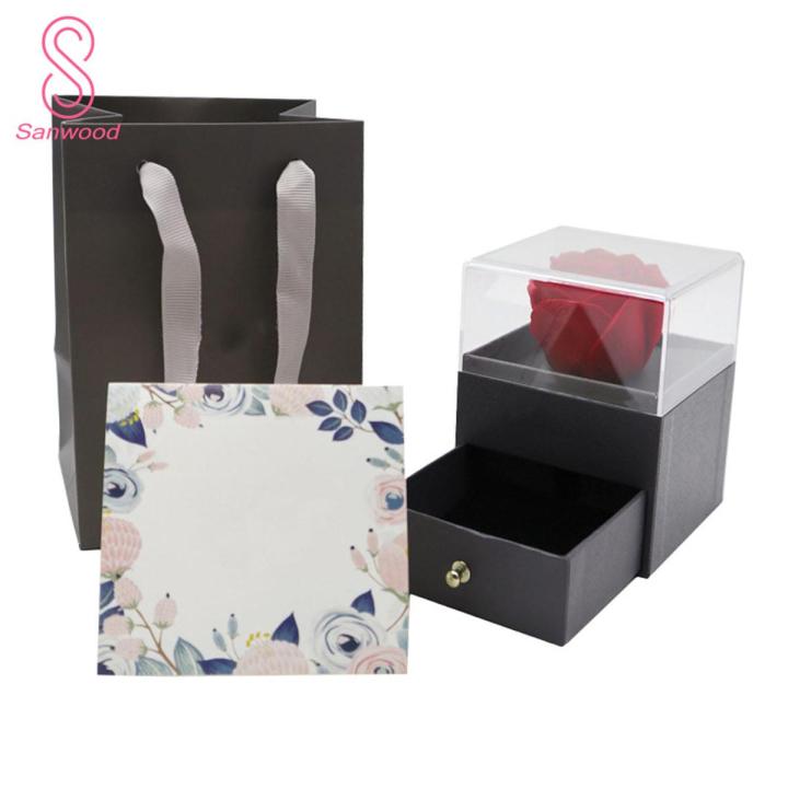 Preserved Rose Flower Design Ring Necklace Display Holder Jewelry Storage Box