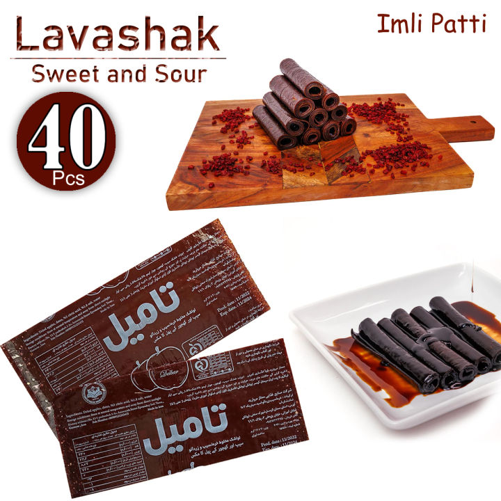 40 Pcs - Lavashak Imli Strips Fruit Roll - Sweet and Sour Tamil Imli Sauce Layer - Viral Irani Imli Patti Rolls Taili - lavashak fruit leather - Souce Candy Sheet