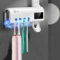 UV Toothbrush Sterilizer/Rechargeable Solar Power LED Disinfection Wall Mounted Toothbrush Holder for Bathroom with Automatic Toothpaste Dispenser , 4 Toothbrush Holder ,1 Shave (White. 