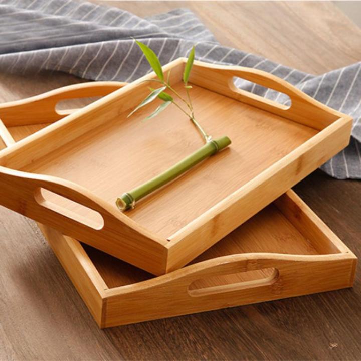 Solid Bamboo Wood Serving Tray, Tea Coffee Food Platter Tray Home Decoration (Set of 3)