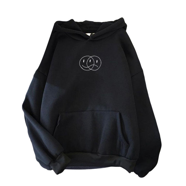 Black Happy Or Sad Fleece Full Sleeves Pull Over Hoodie For Women - Stay Cozy And Express Your Mood With A Fleece Hoodie