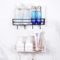 Premium Metal Shelf with 6 Hooks - Wall-Mounted Storage Organizer for Room and Bathroom, Sticky Hooks, Spice Rack, Shower Shampoo Holder, Bathroom Corner Frame, Corner Shower Shelf, Iron Shelf Stand - Black/White. 