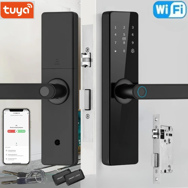 Tuya Smart WiFi Fingerprint Door Lock with Handle – 5 in 1 Unlock via Fingerprint, App, Password, IC Card & Key | Digital Door Lock for Home, Office, Apartment | Mobile App Control | Smart Security Lock